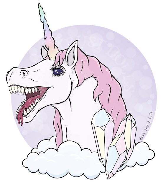 Monster Horror Unicorn Black Distressed Print T-shirt. Unicorn T
