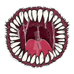 May include: A large, open mouth with sharp teeth and a pink tongue. The mouth is surrounded by a red, furry texture. The text "Don't Trust Dolls" is written in white inside the mouth.