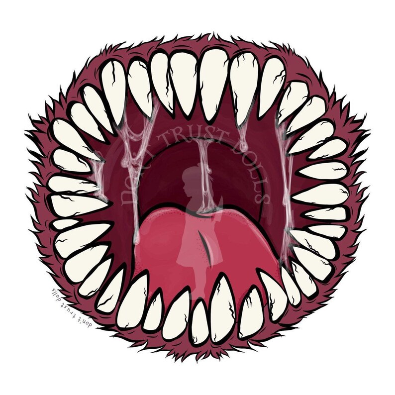 May include: A large, open mouth with sharp teeth and a pink tongue. The mouth is surrounded by a red, furry texture. The text "Don't Trust Dolls" is written in white inside the mouth.