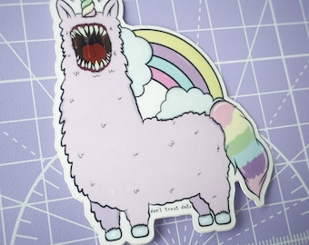 Adesivo decalcomania in vinile Creepy Rainbow Monster Llama - adesivi per laptop, adesivi kawaii, adesivi raccapriccianti, adesivi horror - Non fidarti delle bambole