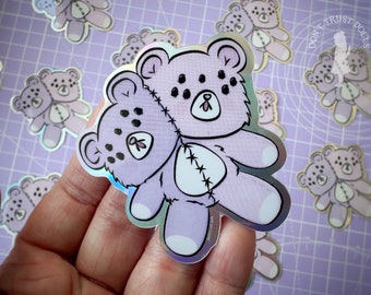 Holograficzna naklejka winylowa z syjamskim misiem - naklejki na laptopa, naklejki kawaii, straszne, horror, pastelowe, gotyckie - Don't Trust Dolls