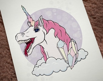 Crystal Unicorn Horror Art Print - pastel unicorn with crystal. A5 art print. Unicorn art print. Mythical creature art print.