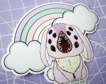 Adesivo decalcomania in vinile coniglietto coniglietto Rainbow Monster - adesivi per laptop, adesivi kawaii, adesivi raccapriccianti, adesivi horror - Non fidarti delle bambole