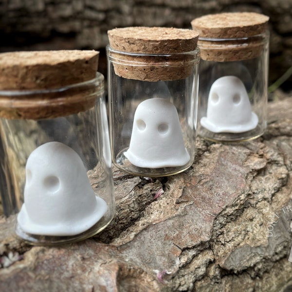 Adopt a pet ghost in a bottle. - little poly clay ghosts in a glass bottle. Spooky, cute, creepy cute