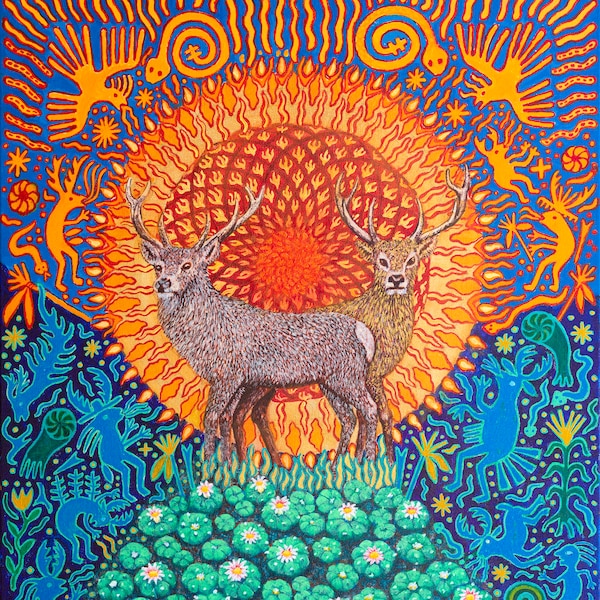 Pequeña impresión de arte de "Kauyumari Mandala", una pintura visionaria de Timothy White, espíritu chamánico de venado peyote, arte huichol