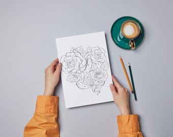 タトゥーの塗り絵：ドラゴン、ドクロ、花（印刷可能）