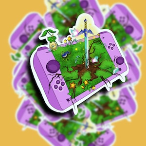 May include: A purple Nintendo Switch console with a green, leafy design. The console is cracked and has a sword sticking out of it. The sword is surrounded by flowers and a small, green creature.