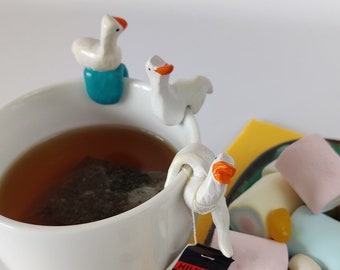 Goose tea bag holder Geese figurine Polymer clay cup decor Tea lover gift Goose lover gift for christmas