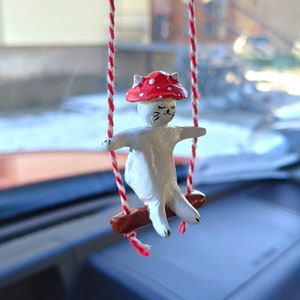 Amanita mushroom cat car mirror hanging Woodland mushroom decor Mushroom lovers gift Kitty lovers Cat lover gift for women