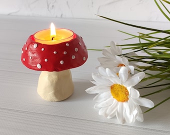 Amanita muscaria mushroom tea light candle holder Altar candle holder Mushroom home decor Nature lover gift for her Cottagecore gift