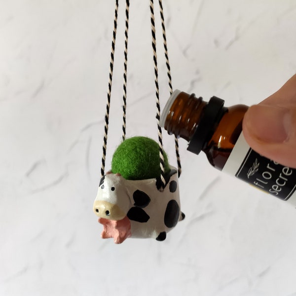 Cow hanging car air freshener Essential oil car clay diffuser with wool ball Cute car accessories interior Farm animal gifts