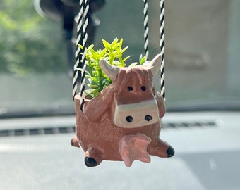 Cowgirl gifts for car Cute car accessories interior Scottish cow rear view mirror mini planter Small pot with faux plant for car