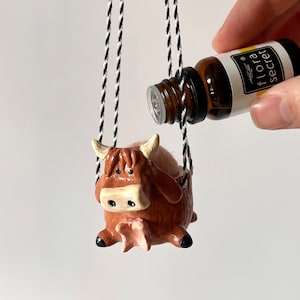 Highland cow hanging car air freshener Scottish cow essential oil car clay diffuser with wool ball Farm animal gifts