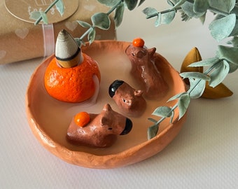 Capybara with oranges smoke waterfall incense cone burner Handmade cute swimming capybaras in bath backflow incense holder Capybara gifts