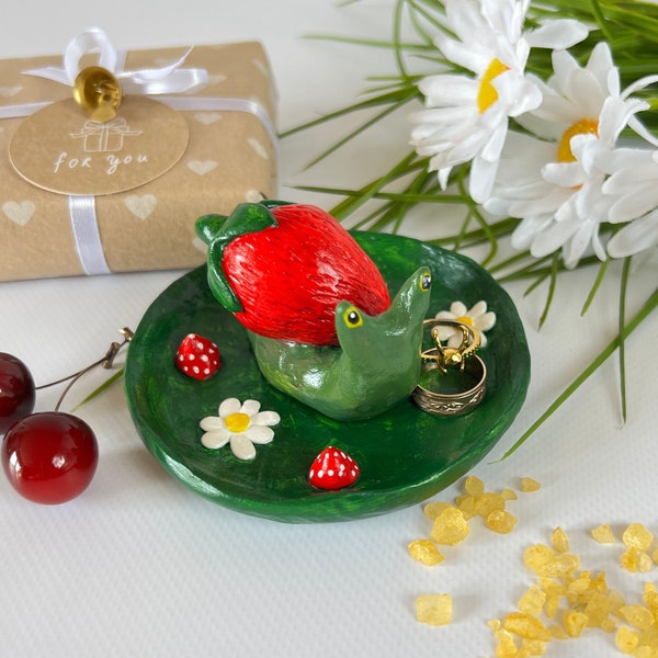 Snail with strawberry ring dish holder Handmade fruity snail on meadow with amanita mushrooms and daisies clay jewelry dish Snail gifts