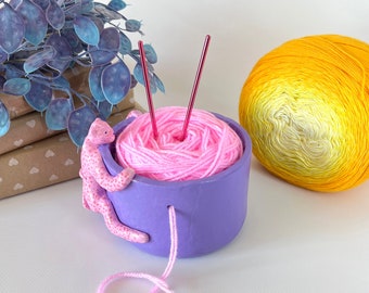 Small pink leopard crochet yarn bowl Handmade clay purple knitting bowl for yarn Preppy crochet yarn holder Knitting accessories Trendy gift