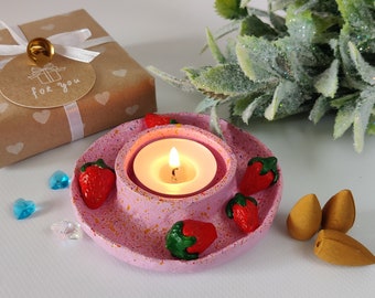 Pink strawberries tea light candle holder Decorative fruits candle holder Cottagecore bedroom decor Cabin gifts