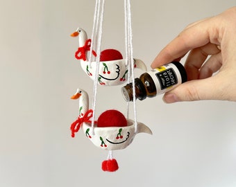 Goose with cherries and bows hanging car air freshener Essential oil car clay diffuser with wool ball Duck mom car decor Cherry decorations