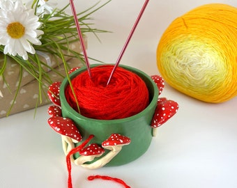 Small amanita mushroom crochet yarn bowl Handmade clay knitting bowl for yarn Cottagecore crochet yarn holder Knitting accessories