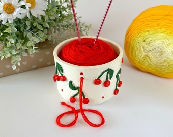 Small cherry milky white yarn bowl Cherries crochet yarn holder Handmade clay knitting bowl for yarn Summer fruit decor