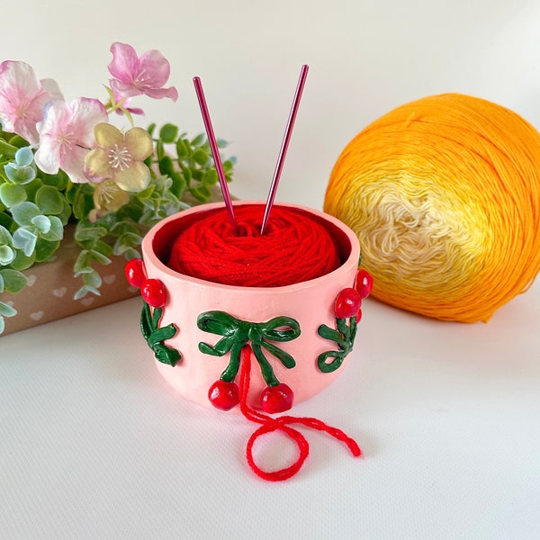 Small cherry with bow crochet pink yarn bowl Coquette crochet yarn holder Handmade clay knitting bowl for yarn Cute mom gifts from daughter