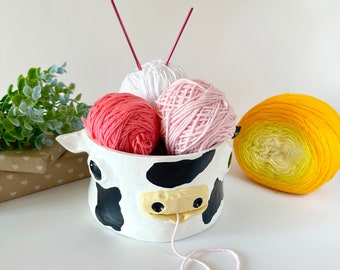 BIG farm cow crochet yarn bowl Cow crochet yarn holder Handmade clay knitting bowl for yarn Farm animal gift Cow lover Mothers day gift