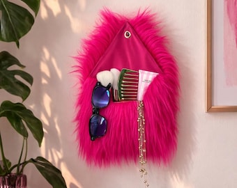 Organizador de pared rosa con forma de sobre esponjoso, decoración estilo años 2000, bolsillo colgante, almacenamiento original.