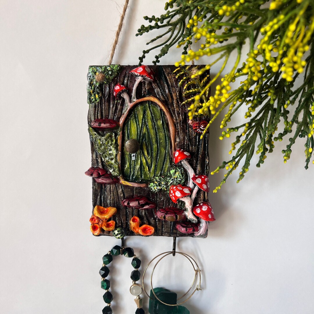 Miniatures Door With Mushrooms Jewelry Hanger for the Wall Handmade