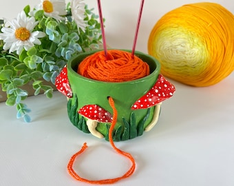 Small amanita mushroom crochet yarn bowl Handmade clay knitting bowl for yarn Cottagecore crochet yarn holder Knitting accessories