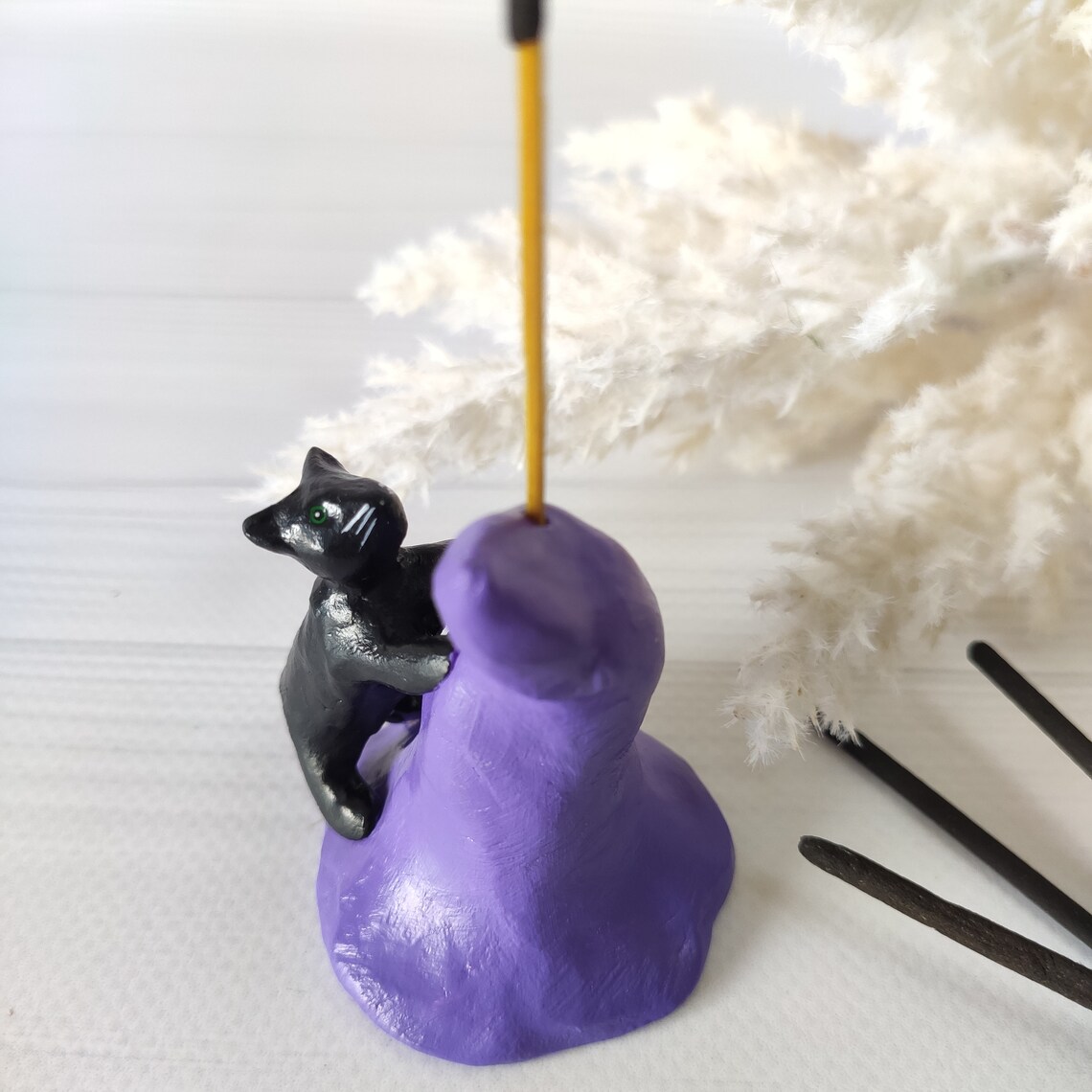 Black cat on witch hat stick incense holder Magical cat Etsy