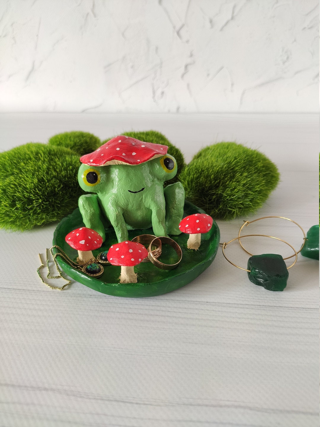 Big Frog Jewelry Dish Cute Happy Froggy With Mushroom Hat Clay Etsy