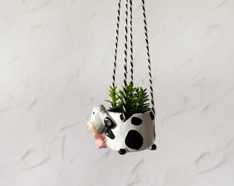 Cow mini planter for car Small rear view mirror pot with faux plant Cute car accessories interior Farm animal gifts