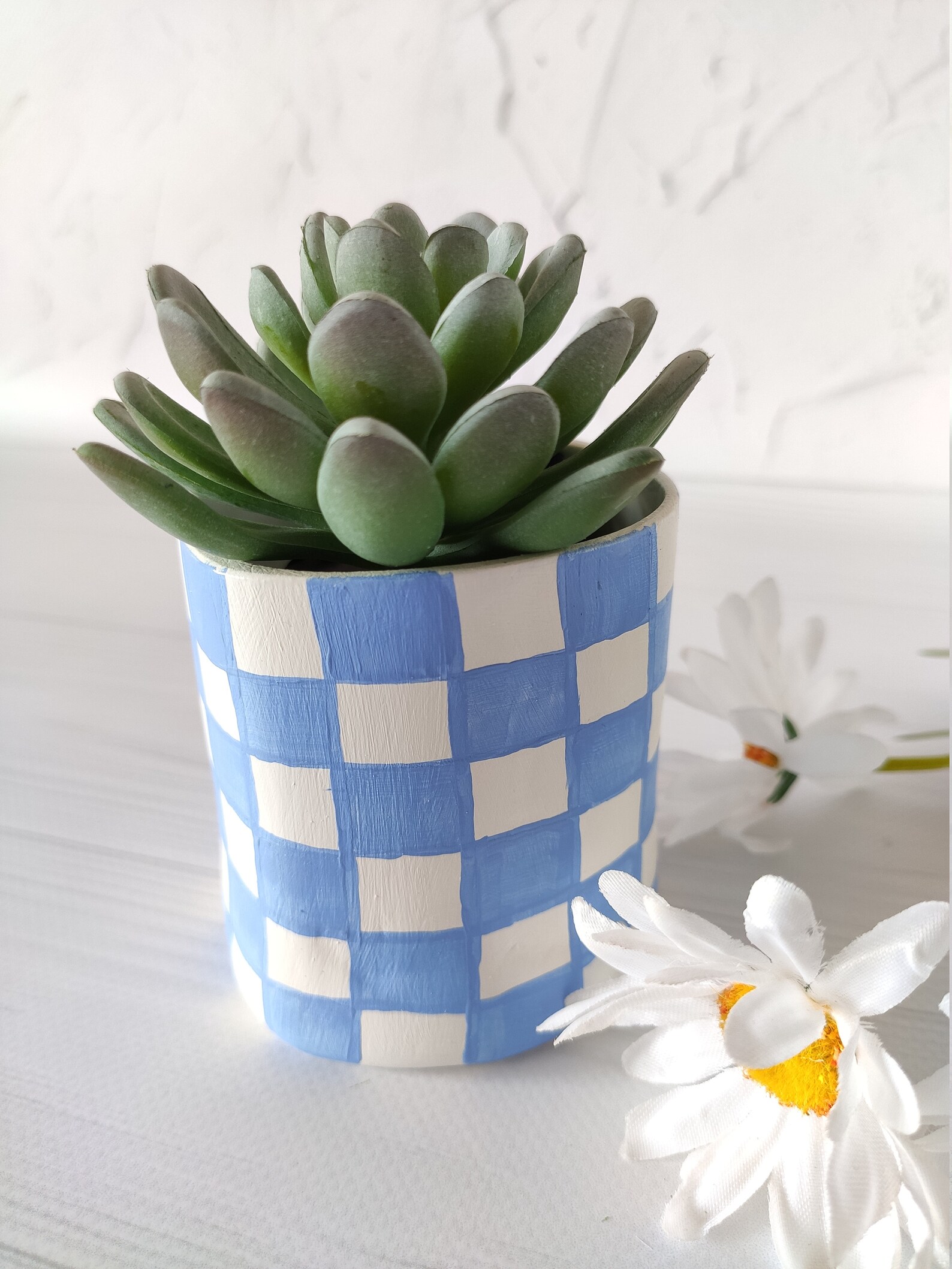 Classic checkered plant pot with drainage Sky blue clay Etsy