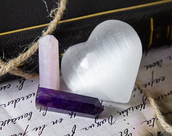 Healing Crystals Love Kit - Rose Quartz, Amethyst and Selenite Heart For Charging - Gemstone Romance Attraction Set