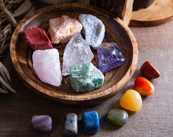 Raw Healing Crystals and Tumbled Chakra Stones - 14 piece Chakra Kit With Tumbled Stones - The Ultimate Chakra Kit