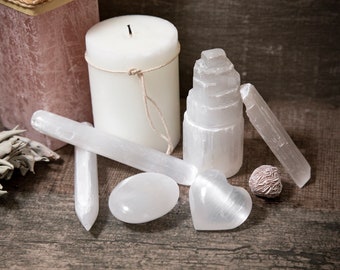 The Ultimate Selenite Kit - 7 Pieces: Tower, Wands, Desert Rose, Palm Stone, Heart, Charging Plate - Healing Crystals Cleansing & Charging