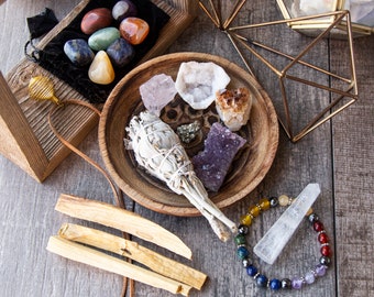 Wearable Healing Crystals Set and Smudging Discovery Bundle - 17 piece Chakra Kit - Crystal Jewelry For Chakra Healing + Sage and Palo Santo