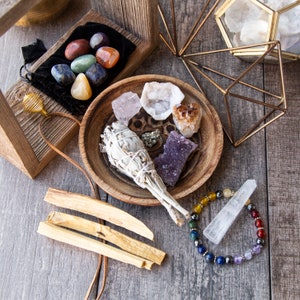 Wearable Healing Crystals Set and Smudging Discovery Bundle - 17 piece Chakra Kit - Crystal Jewelry For Chakra Healing + Sage and Palo Santo