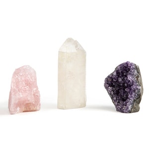 Crystal Healing Trio Set, Rose Quartz Chunk, Amethyst Cluster, Clear Quartz Point, Home Decor For Love & Healthy Relationships image 2