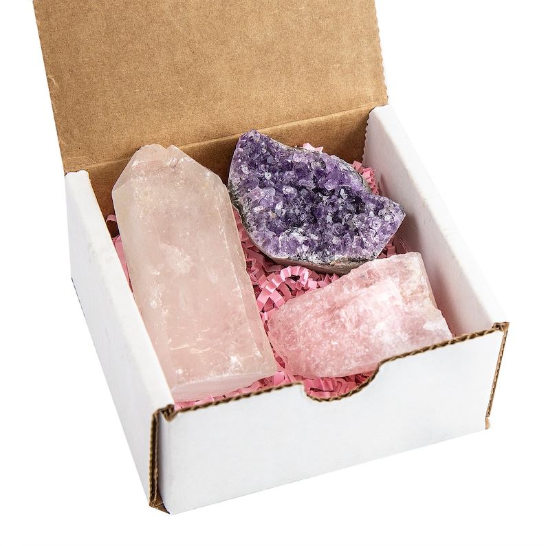 Crystal Healing Trio Set, Rose Quartz Chunk, Amethyst Cluster, Clear Quartz Point, Home Decor For Love & Healthy Relationships image 3