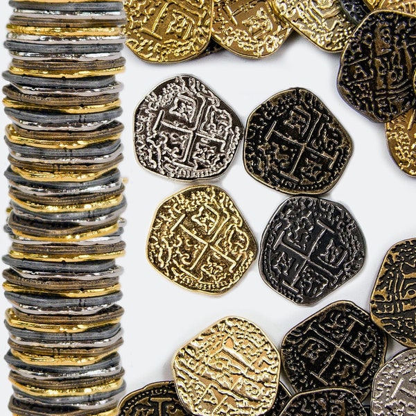 Metal Pirate Coins - 30 Gold and Silver Spanish Doubloon Replicas - Fantasy Metal Coin Pirate Treasure