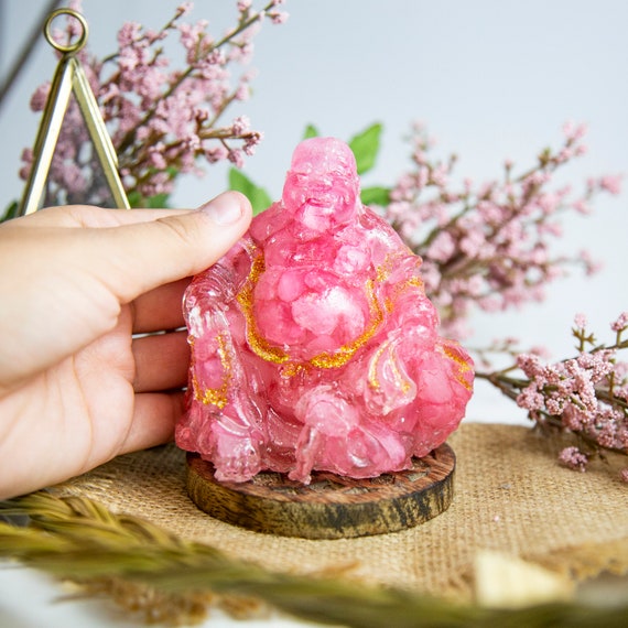 Pocket Stone Laughing Happy Buddha Figure Ornament for Home Office Nupuyai Rose Quartz Healing Crystal Lucky Buddha Statue