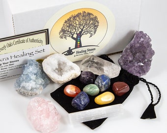 Healing Crystals Starter Set - 13 Piece Crystal Kit - Chakra Stones - Amethyst - Rose Quartz - Celestite - Selenite