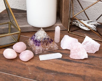 Rose Quartz Crystal Set For Love & Healthy Relationships - Orgonite Pyramid Amethyst, Rose Quartz Crystal and Clear Quartz + Raw Selenite