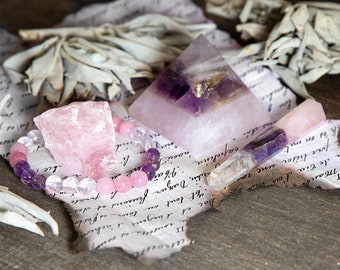 Crystal Kit for Love - Rose Quartz, Amethyst, and Clear Quartz - Crystal Bracelet, Gemstone Obelisk, Raw Crystal and Pyramid