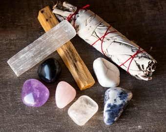 Rest & Relaxation Healing Crystals Kit - Healing Stones Set - 6 Tumbled Stones, Palo Santo, California White Sage and Selenite Stick