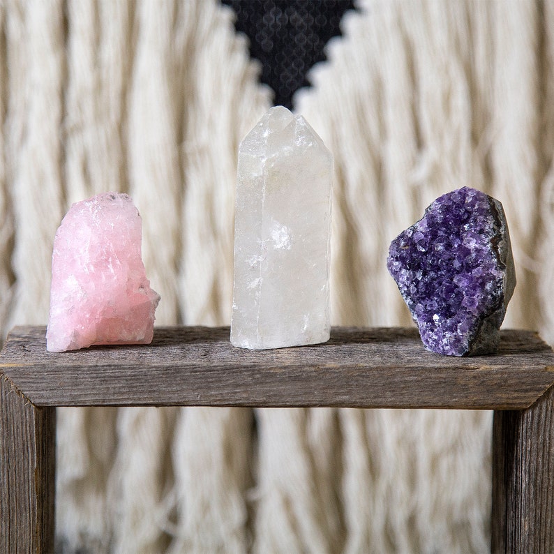 Crystal Healing Trio Set, Rose Quartz Chunk, Amethyst Cluster, Clear Quartz Point, Home Decor For Love & Healthy Relationships image 4