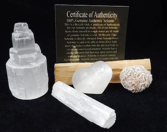 White Selenite Starter Kit Complete with Tower, Heart, Desert Rose and Raw Selenite Stick + Bonus Cleansing Palo Santo Stick, Spiritual