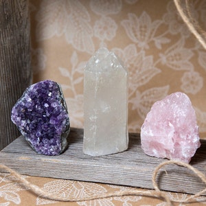 Crystal Healing Trio Set, Rose Quartz Chunk, Amethyst Cluster, Clear Quartz Point, Home Decor For Love & Healthy Relationships image 1