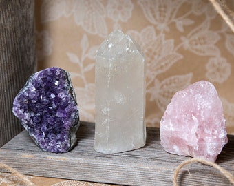 Crystal Healing Trio Set, Rose Quartz Chunk, Amethyst Cluster, Clear Quartz Point, Home Decor For Love & Healthy Relationships